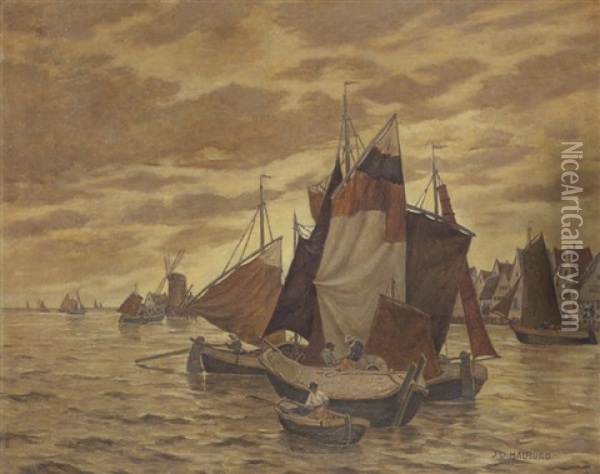 Hollandische Kustenlandschaft Mit Segelbooten Oil Painting - Johanna Dill-Malburg