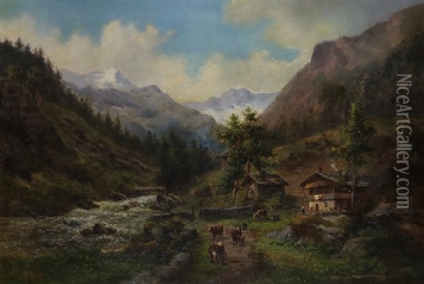 Mountain River Homestead With Figures And Cattle Oil Painting - Hermann Herzog