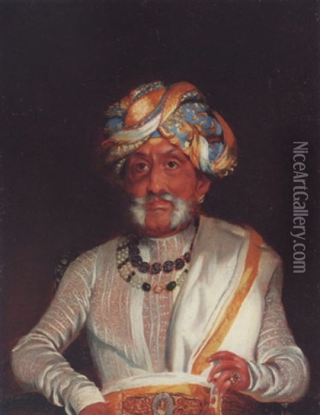 Portrait Of Sir Chamarajendra Wodyar, Maharajah Of Mysore, In A White Costume With A Belt Bearing A Minature Portrait Of Queen Victoria And A Blue And Gold Turban Oil Painting - George Landseer