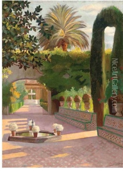 Evening In The Garden Oil Painting - Fernando Liger Hidalgo