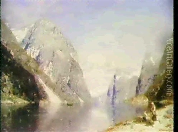 Norsk Fjordparti Omgivet Af Stejle Klipper Oil Painting - Georg Anton Rasmussen