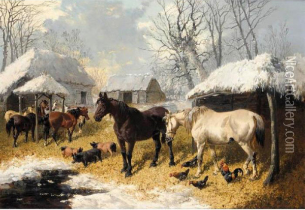 A Farmyard Scene In Winter Oil Painting - John Frederick Herring Snr