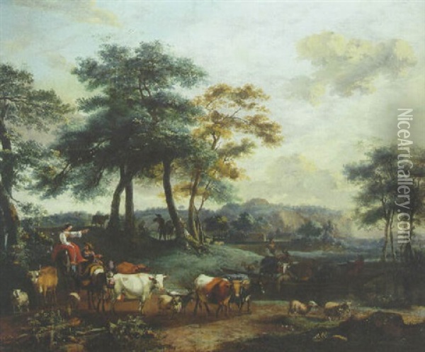 An Italianate Landscape With Drovers And Cattle On A Track Oil Painting - Johannes van der Bent