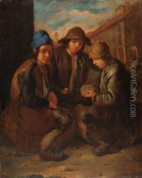 Urchins Playing Cards Oil Painting - Giacomo Ceruti (Il Pitocchetto)
