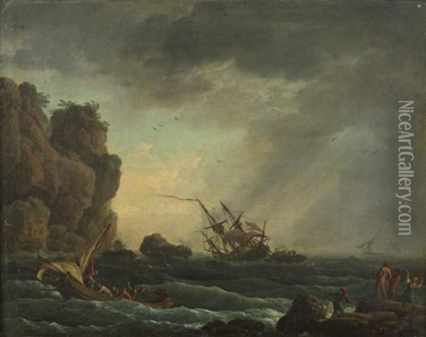 Rescapes En Barque Pres D'une Cote Mediterraneenne Oil Painting - Jean Henry d' Arles