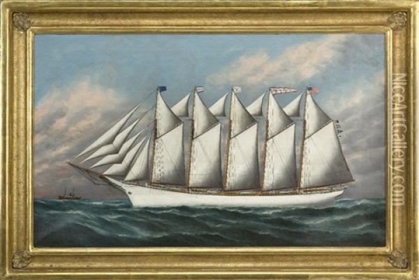 Portrait Of The Five Masted Schooner "fuller Palmer" Oil Painting - Solon Francis Montecello Badger