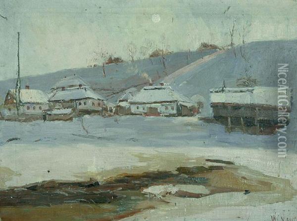 Pejzaz Zimowy Z Chatami Oil Painting - Wlodzimierz Nalecz