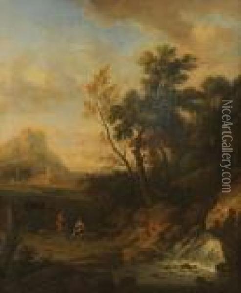 Arcadisch Landschap Met Reizigers Bij Waterval Oil Painting - Jan Van Huysum