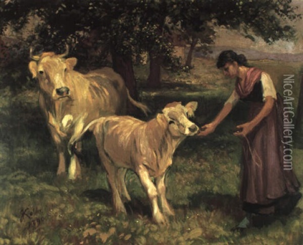 Bauerinmit Kalb Und Kuh Oil Painting - Johann Rudolf Koller
