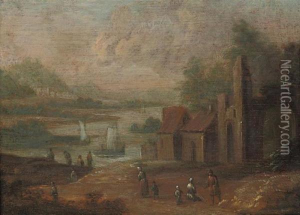A Wooded River Landscape With 
Figures On A Track By A Fortifiedvillage; And A Wooded River Landscape 
With Figures On A Track Byoutbuildings And Classical Ruins Oil Painting - Marc Baets