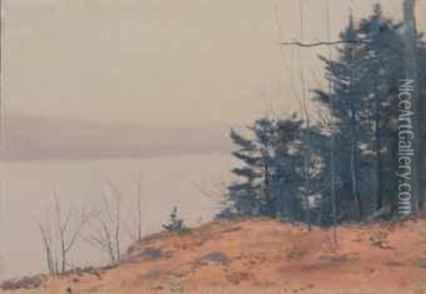 Wooded Landscape By A Lake Oil Painting - Lockwood Deforest