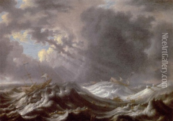 Seesturm Mit Schiffbruchigen Oil Painting - Cornelis Mahu