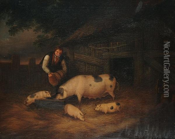 Feeding The Pigs Oil Painting - George Morland