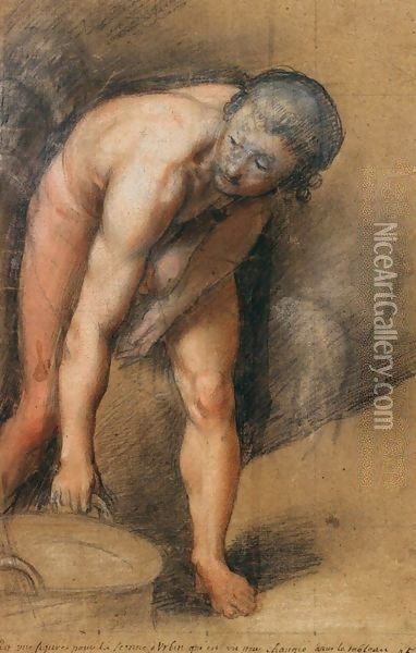 Male Figure Stooping to Lift a Cauldron Oil Painting - Federico Fiori Barocci