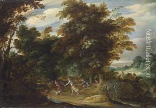 A Wooded Landscape With The Hunt For The Calydonian Boar Oil Painting - Abraham Govaerts