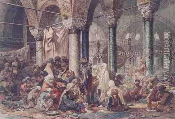 Refugees In The Gallery Of The Mosque Of Aya Sofya Oil Painting - Amadeo Preziosi