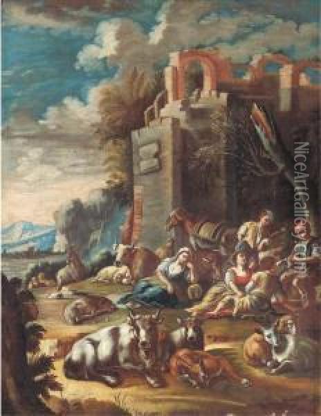 An Italianate Landscape With Peasants Resting With Cattle And Sheepamongst Ruins Oil Painting - Domenico Brandi