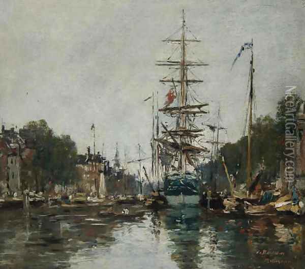 Canal à Rotterdam Oil Painting - Eugene Boudin