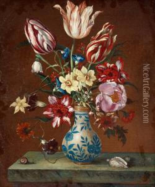 Still Life With Tulips, Narcissus And Peonies Onthe Stone Slab Oil Painting - Balthasar Van Der Ast