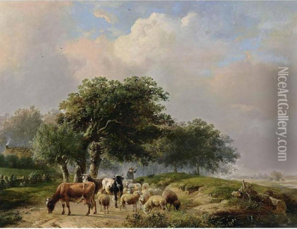 A Herdsman With His Cattle On A Path Oil Painting - Louis Pierre Verwee