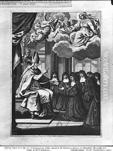 St. Francois de Salles 1567-1622 Giving the Rule of the Visitation to St. Jeanne de Chantal 1572-1641 Oil Painting - Gilles Rousselet