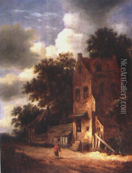 Mann Mit Roter Jacke Vor Einem Haus Oil Painting - Jansz van Vries