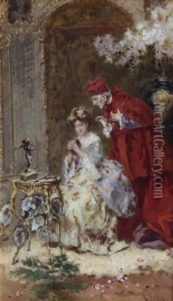Young Woman Praying With A Cardinal Oil Painting - Jean-Paul Sinibaldi