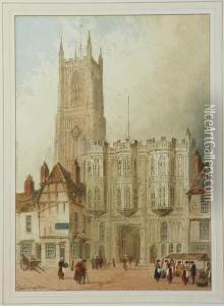 Cathedral Exterior Scene With Figures Trading In The Foreground Oil Painting - Paul Braddon