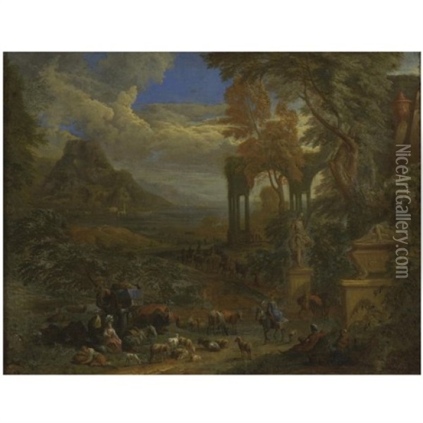 A Southern Landscape With Travellers Resting On A Path With Their Herd And Camels Near Antique Ruins Oil Painting - Pieter Rysbraeck