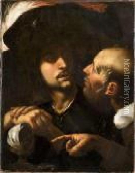 Soldat Conversant Avec Un Vieil Homme Oil Painting - Michelangelo Merisi Da Caravaggio