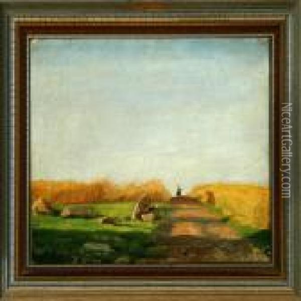 Yellow Fields With A Horseman On The Village Road Oil Painting - Otto Haslund