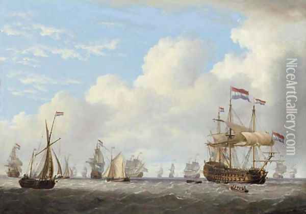 Dutch men-o'-war and other shipping in a calm Oil Painting - Charles Martin Powell