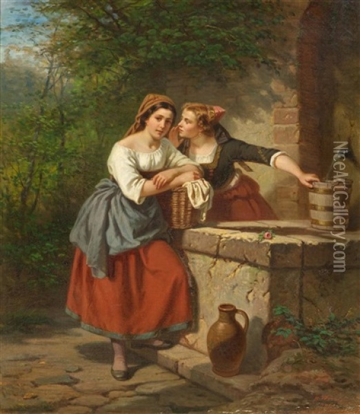 Two Girls In Costume At A Well Oil Painting - Hermann Werner