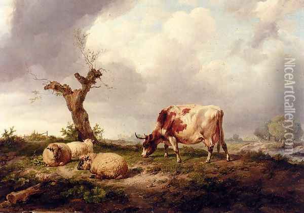 A Cow With Sheep In A Landscape Oil Painting - Thomas Sidney Cooper