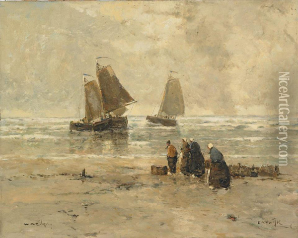 Fisherfolk On A Beach At Katwijk Oil Painting - William Alfred Gibson