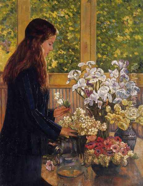 Young Girl with a Vase of Flowers Oil Painting - Theo van Rysselberghe
