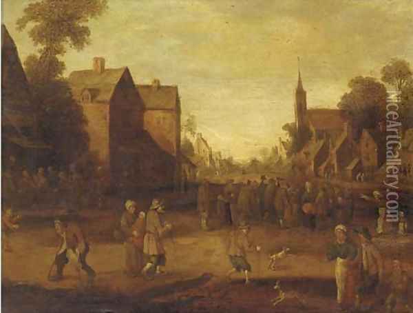A village with peasants gathered around a speaker Oil Painting - Joost Cornelisz. Droochsloot