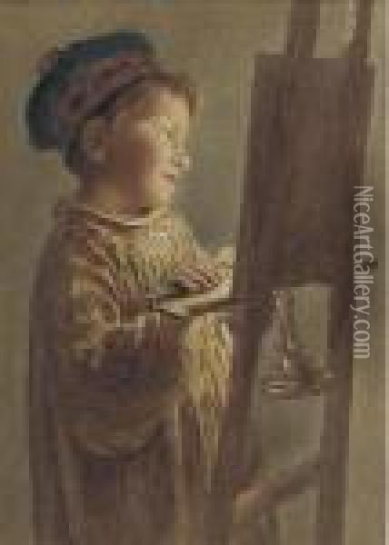 A Young Boy Viewing A Picture By Candlelight Oil Painting - William Henry Hunt