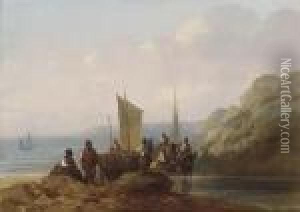 Fishermen Congregating On The Shore Oil Painting - Sir Augustus Wall Callcott