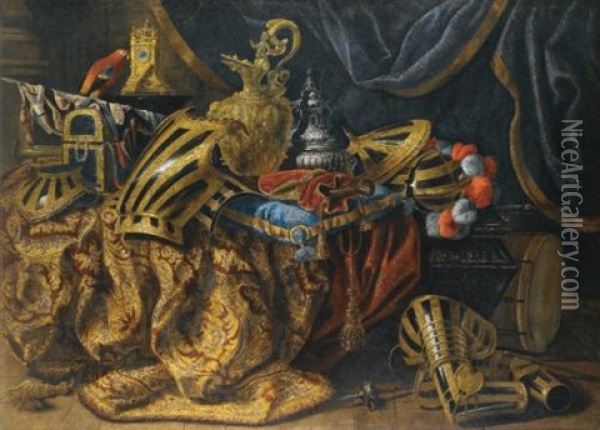 Pieces Of Parade Armour, A Plumed Helmet, A Pistol In A Case, A Gilt Ewer, A Silver Perfume Burner, A Jewellery Box, A Trumpet, And A Flag On A Cassone, With A Parrot, A Pillar Clock On A Pedestal And A Drum And Mace On The Floor Oil Painting - Madeleine Boulogne
