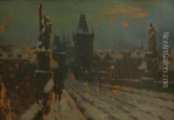 Winter On Charles Bridge Oil Painting - Stanislav Feikl