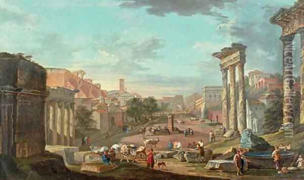 A capriccio of the Campo Vaccino with figures amongst ruins Oil Painting - Hubert Robert