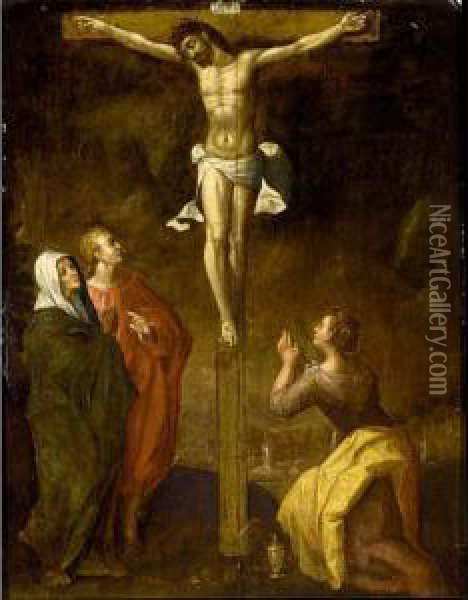 Christ On The Cross With St John The Baptist, The Virgin Mary And Mary Magdalene Oil Painting - Karel Van Mander