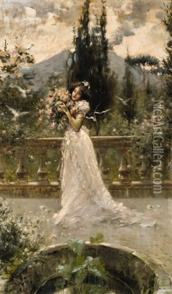 A Woman In The Garden Oil Painting - Salvatore Postiglione
