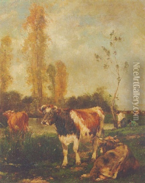 Cows On A Riverbank Oil Painting - Marie Dieterle