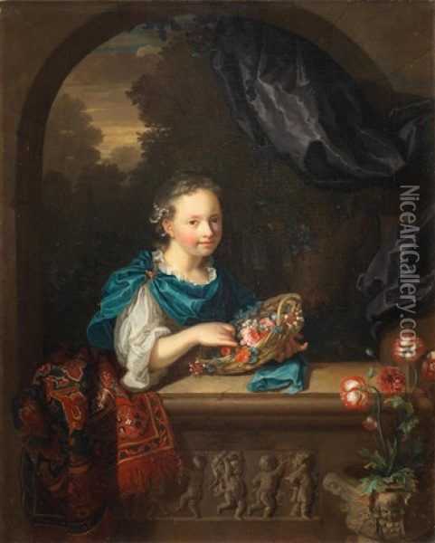 A Girl With A Basket Of Flowers Beside A Carved Stone Window Ledge Oil Painting - Caspar Netscher