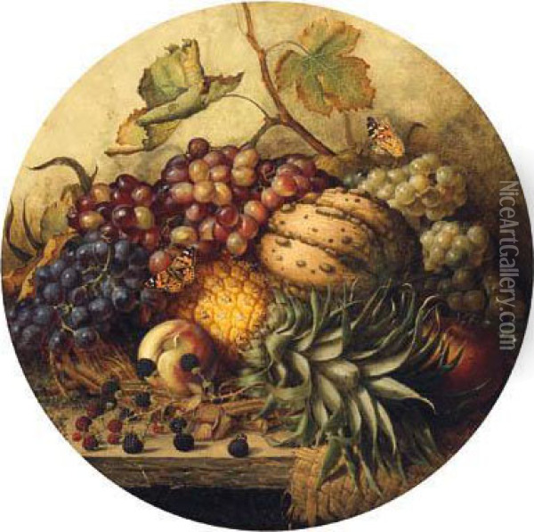 Grapes, Raspberries, A Gourd, A Pomegranate, A Peach, A Pineapple,a Wasp And Butterflies, On A Wooden Ledge Oil Painting - Henry A. Major