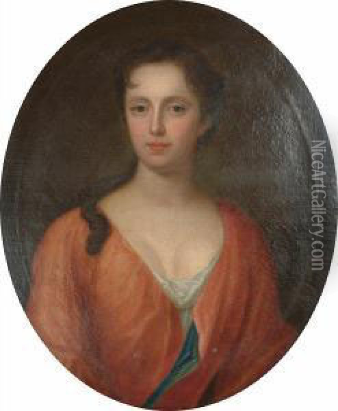 A Portrait Of A Lady, Said To Be
 Elizabeth Ireland, Half-length, In An Orange Dress With A White 
Chemise. Oil Painting - Richardson. Jonathan