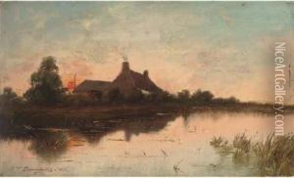 A Riverside Cottage At Sunset Oil Painting - Jean-Pierre-Francois Lamoriniere