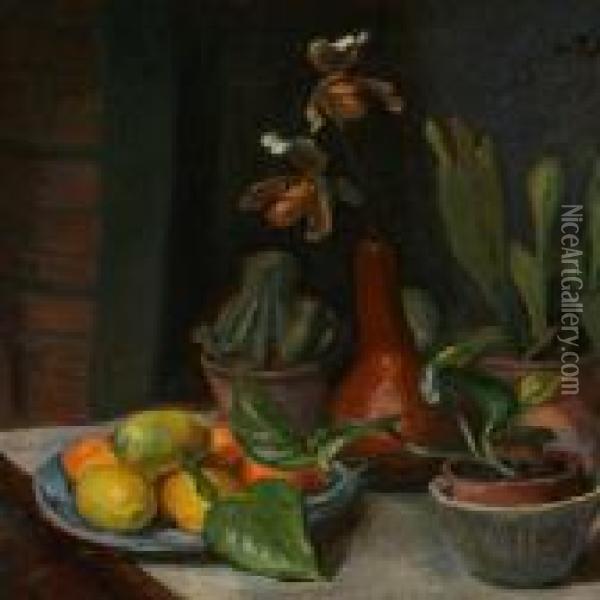 Plants And Fruit On Atable Oil Painting - Viggo Johansen